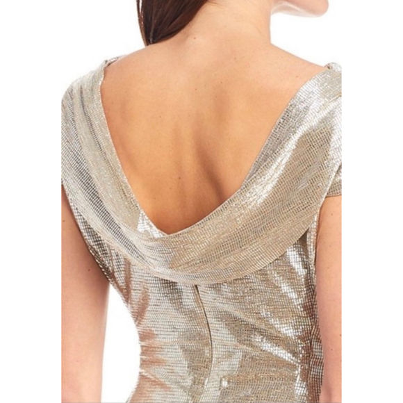 Tahari Silver Metallic Drape Neck Gown Size 12 - Picture 2 of 8